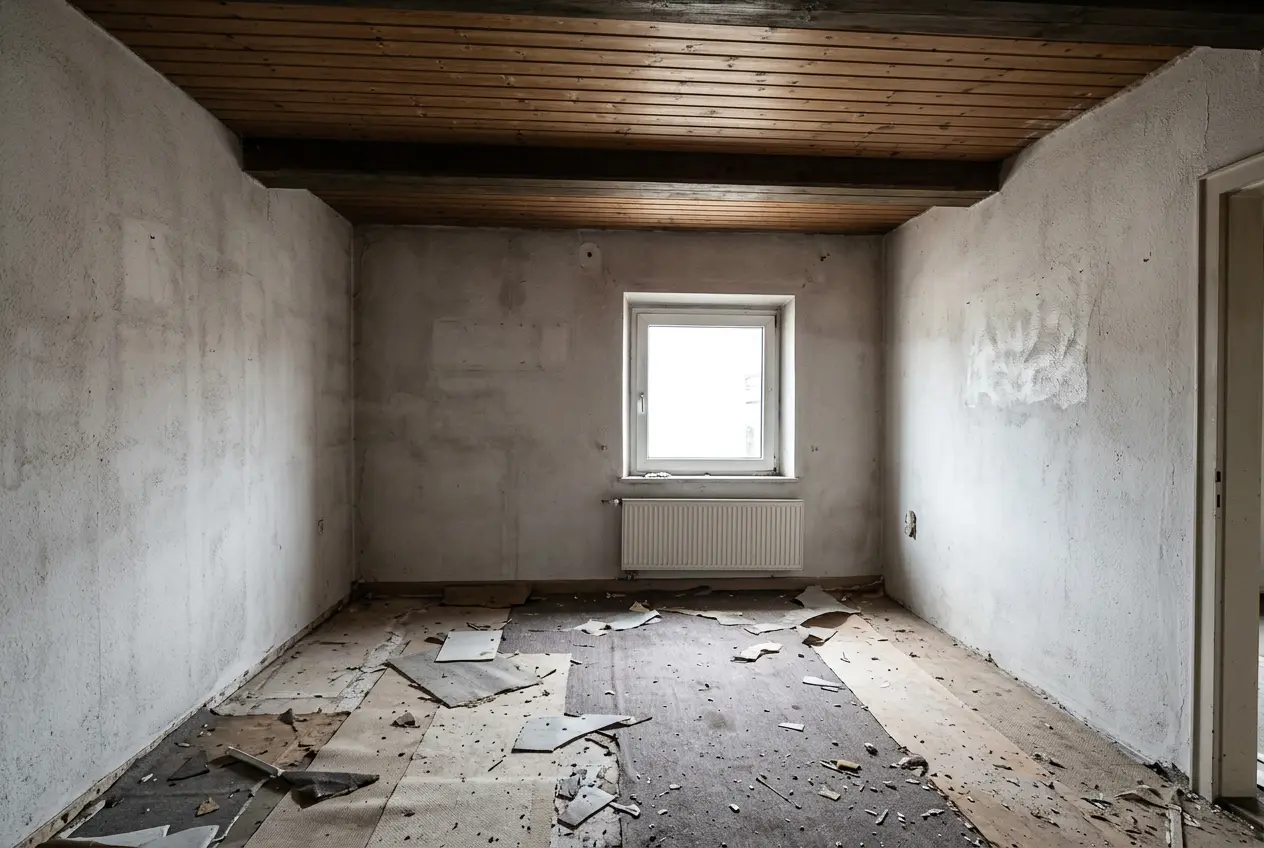 Wohnraum und Küche — vor der Sanierung