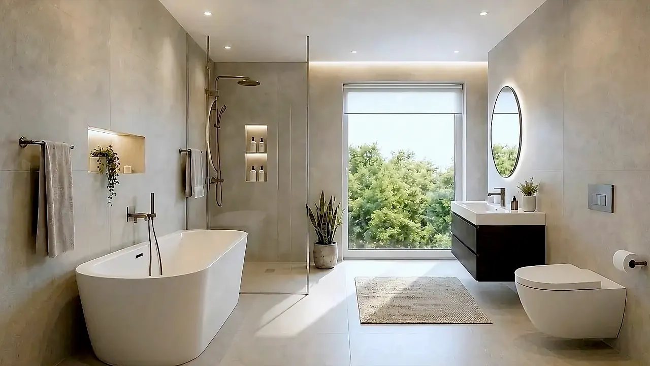 KI-Visualisierung: helles Bad mit bodengleicher Dusche, Waschtisch und Fenster