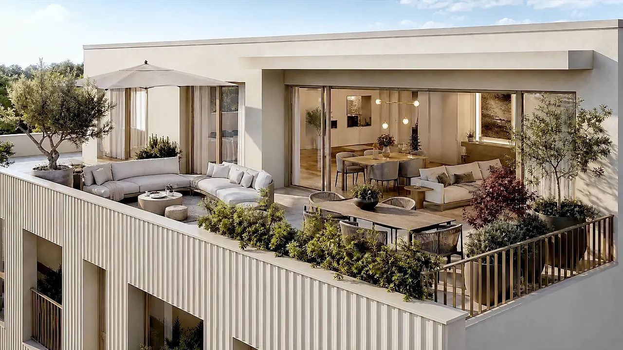 KI-Visualisierung: Dachterrasse mit Lounge, Sonnenschirm und Esstisch, dahinter der verglaste Wohnbereich