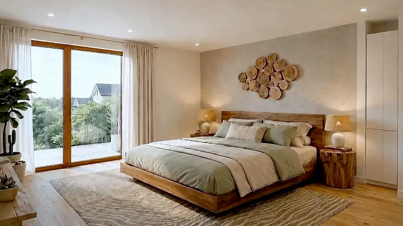 KI-Visualisierung: Schlafzimmer mit Doppelbett aus Holz und bodentiefem Fenster