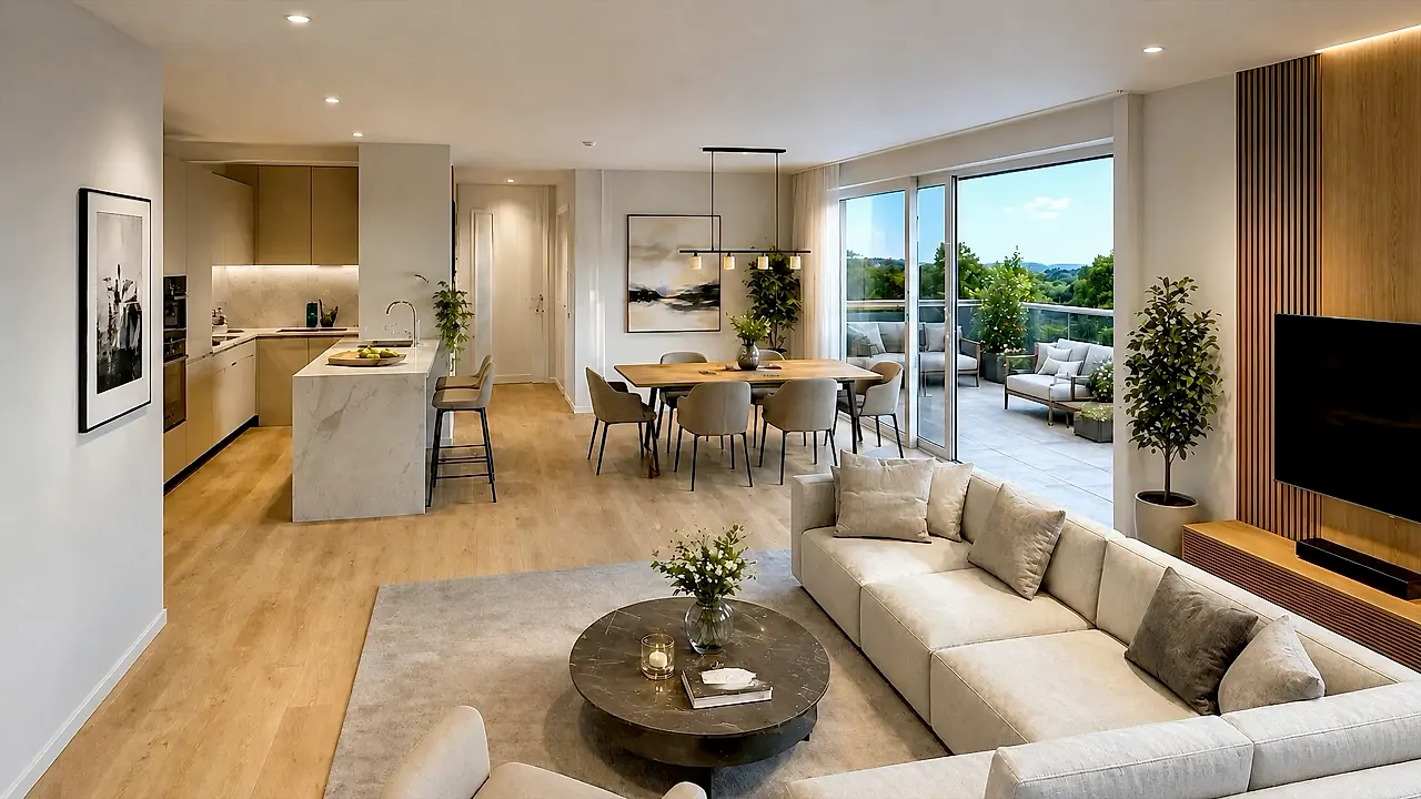 KI-Visualisierung: offener Wohnbereich mit Küche, Esstisch und Sofa, Schiebetüren zur Terrasse